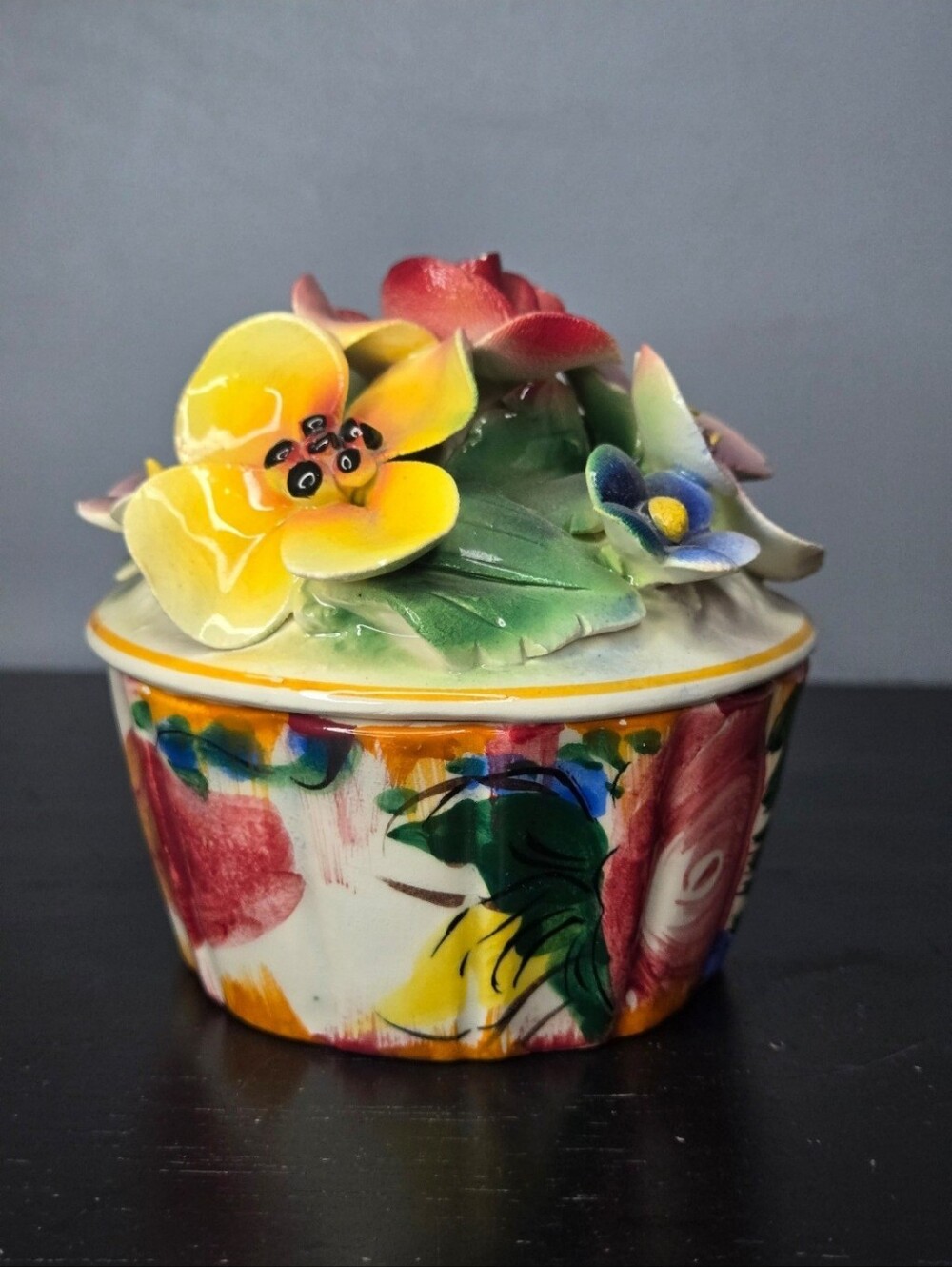 Vintage Italian Lidded Porcelain Trinket pot w hand sculpted flowers (Capodimont